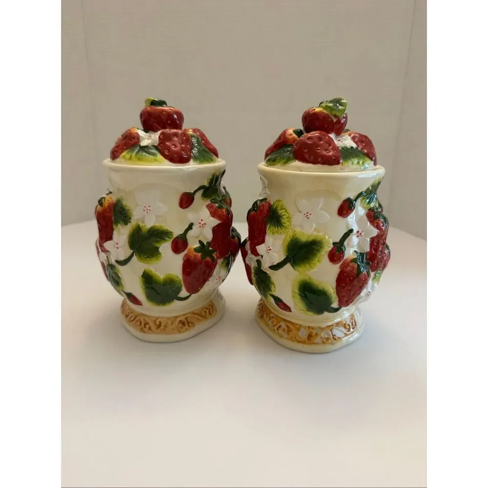 Vintage Retro Strawberry & Floral Sugar and Tea Canister Set of 2 READ